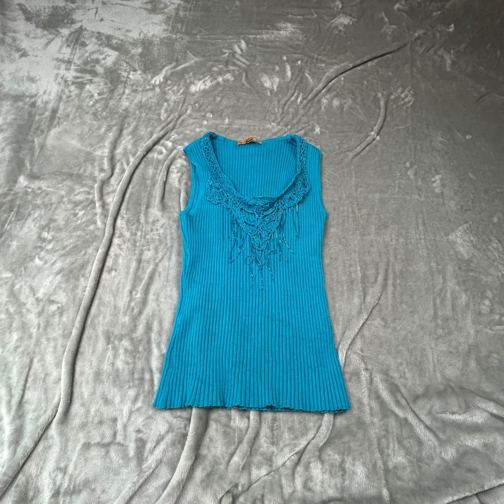 Belldini Turquoise Ribbed Tank Top Beaded Crochet Fringe Y2K Boho Medium